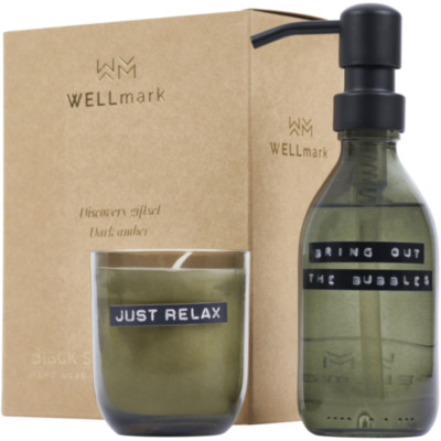 Dispensador de jabón de manos de 200 ml y juego de velas aromáticas de 150 g con fragancia de ámbar oscuro 