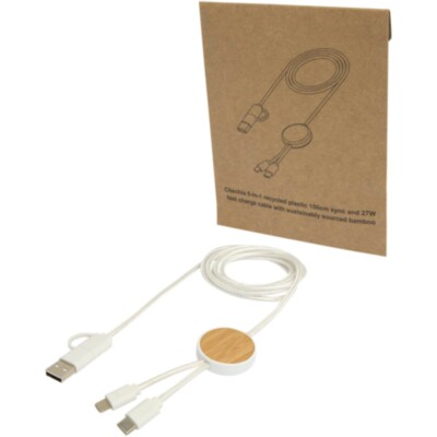 Cable 5 en 1 de plástico reciclado de 150 cm para sincronización de datos y carga rápida de 27 W con detalles de bambú 