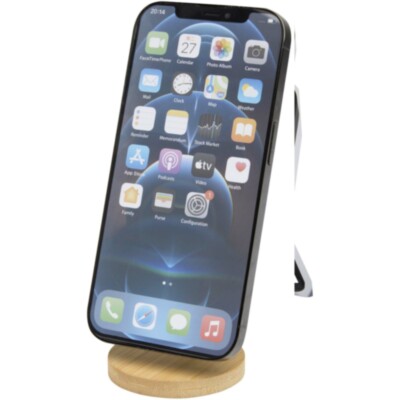 Soporte para teléfono magnético plegable de plástico reciclado con detalles de bambú 