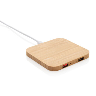 Cargador inalámbrico 5W de bambú con puertos USB