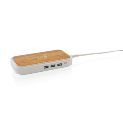 Cargador inalámbrico de bambú 5W con 3 puertos USB