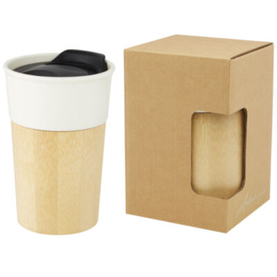 Taza de porcelana de 320 ml con pared exterior de bambú 