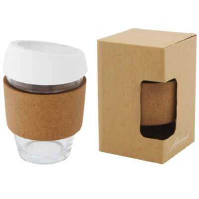 Vaso de vidrio borosilicato de 360 ml con agarre de corcho y tapa de silicona 