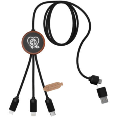 Cable de carga 5 en 1 de PET reciclado con logo retroiluminado y estuche redondo de madera 