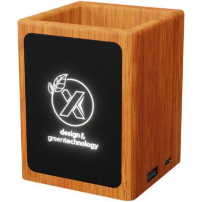 Soporte para lápices de madera con logotipo retroiluminado y doble salida USB 